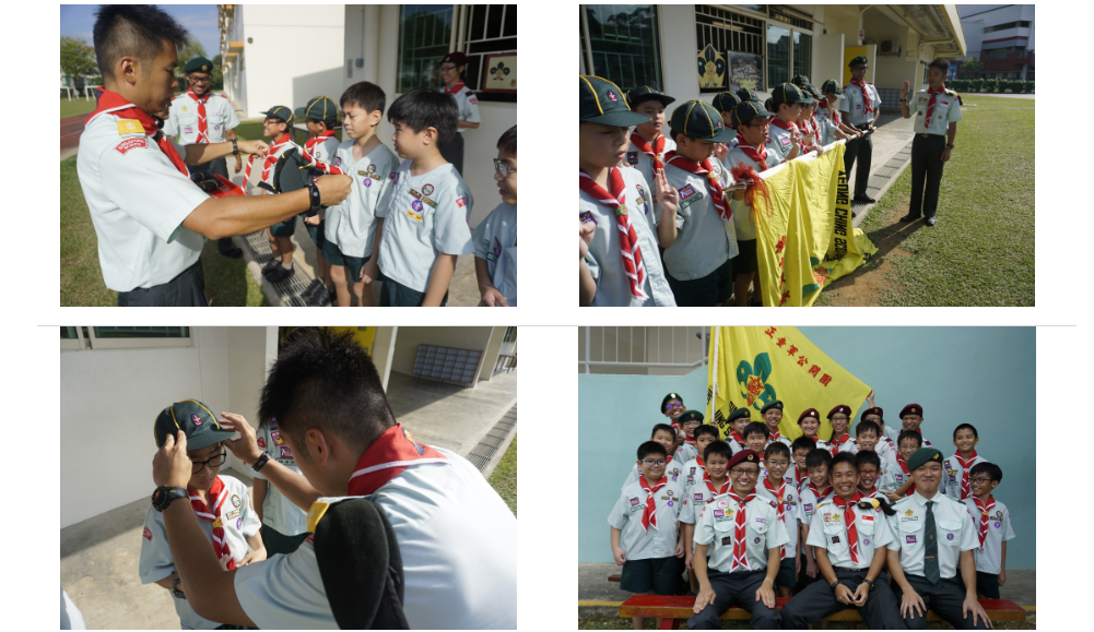 A montage of four formal pictures showing a group of primary school boy scouts standing at attendance and posing with their scouts flags while the teacher adjusted their uniform in one picture and correcting their positions in another picture